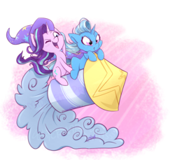Size: 1500x1374 | Tagged: safe, alternate version, artist:midnightpremiere, starlight glimmer, trixie, pony, unicorn, g4, cape, clothes, cute, diatrixes, duo, female, glimmerbetes, guardians of harmony, hat, mare, one eye closed, open mouth, rocket, simple background, smiling, smoke, toy, toy interpretation, transparent background, trixie's cape, trixie's hat, trixie's rocket