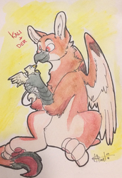 Size: 669x979 | Tagged: safe, artist:scruffasus, oc, oc only, oc:der, oc:kali, griffon, duo, male, micro, paw pads, paws, size difference, traditional art, underpaw, watercolor painting