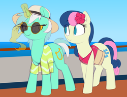 Size: 1585x1212 | Tagged: safe, artist:shinodage, bon bon, lyra heartstrings, sweetie drops, earth pony, pony, unicorn, g4, bag, clothes, disembodied hand, female, flower, glowing horn, hand, hat, horn, magic, magic hands, mare, ship:lyrabon, shipping, shirt, sunglasses
