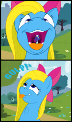 Size: 2198x3735 | Tagged: safe, artist:bbbhuey, oc, oc only, oc:cuteamena, oc:electric blue, pegasus, pony, comic, couple, cute, cuteness overload, electricute, endosoma, fetish, giant pony, gulp, high res, macro, macro/micro, maw, mawshot, micro, mouth, mouthplay, non-fatal vore, oc couple, open mouth, romantic, shipping, size difference, swallowing, throat bulge, tiny, tiny ponies, uvula, uvula hug, vore