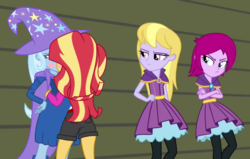 Size: 646x412 | Tagged: safe, artist:ambassad0r, artist:keronianniroro, artist:punzil504, artist:themexicanpunisher, fuchsia blush, lavender lace, sunset shimmer, trixie, equestria girls, g4, legend of everfree, rainbow rocks, blushing, cape, clothes, female, hat, kissing, lesbian, ship:suntrix, shipping, trixie and the illusions, trixie's cape, trixie's hat