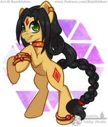 Size: 883x1030 | Tagged: safe, artist:bumblebun, oc, oc only, oc:kary, pony, bindi, bracelet, braid, braided tail, choker, cute, ear piercing, earring, hair tie, hairband, jewelry, necklace, piercing, ponified, rearing, simple background, solo, transparent background