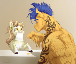 Size: 1900x1600 | Tagged: safe, artist:makkah, flash sentry, oc, pegasus, pony, g4, autograph, buff, chest fluff, fangirl, female, glasses, male, mare, mouth hold, muscles, stallion, tattoo, torn ear, unshorn fetlocks