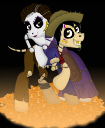 Size: 6568x7999 | Tagged: safe, artist:faitheverlasting, pony, skeleton pony, undead, absurd resolution, bone, coco (disney movie), crossover, female, husband and wife, héctor rivera, imelda rivera, male, ponified, skeleton, spoilers for another series