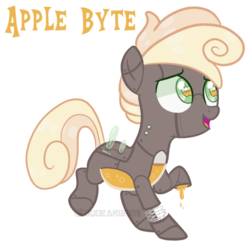 Size: 1024x1006 | Tagged: safe, artist:squeakshimi, oc, oc only, oc:apple byte, pony, robot, robot pony, apple eyes, base used, offspring, parent:apple bloom, parent:sweetie belle, parents:sweetiebloom, simple background, solo, story included, transparent background, wingding eyes