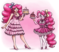 Size: 1600x1412 | Tagged: safe, artist:king-kakapo, pinkie pie, earth pony, human, anthro, g4, alternate hairstyle, cake, clothes, corset, dress, food, frilly dress, high heels, human anthrodox, humanized, looking at you, mary janes, nail polish, ribbon, shoes, socks, stockings, thigh highs, tongue out