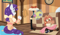 Size: 1111x645 | Tagged: safe, artist:dbkit, rarity, oc, oc:ponderosa pine, earth pony, unicorn, anthro, unguligrade anthro, g4, bow, clothes, dress, duo, female, male, next generation, offspring, parent:braeburn, parent:rarity, parents:rariburn, popples, sewing, story included