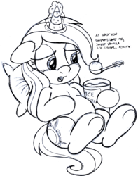 Size: 2358x3000 | Tagged: safe, artist:an-tonio, oc, oc only, oc:golden brooch, pony, unicorn, chubby, comfort eating, crying, eating, female, food, glowing, glowing horn, high res, horn, ice cream, levitation, loose hair, magic, magic aura, monochrome, mother, sad, sketch, solo, spoon, telekinesis, underhoof