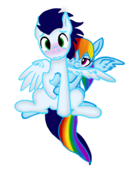 Size: 2752x3640 | Tagged: safe, artist:delphina34, rainbow dash, soarin', pegasus, pony, g4, biting, blushing, female, high res, male, preening, ship:soarindash, shipping, simple background, straight, transparent background, wing bite