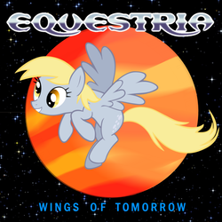 Size: 1200x1200 | Tagged: safe, artist:grapefruitface1, derpy hooves, pony, g4, album cover, europe (band), female, flying, parody, planet, ponified, ponified album cover, show accurate, smiling, solo