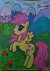 Size: 946x1344 | Tagged: safe, artist:msxmaryx, fluttershy, parasprite, pegasus, pony, g4, blind bag fluttershy, coloring book, female, mare, rearing, recolor, solo, wrong mane