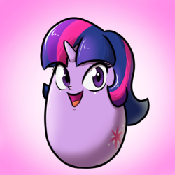 Size: 900x900 | Tagged: safe, artist:lordfunkyfist, twilight sparkle, equestria girls, g4, cute, egg, egghead, female, gradient background, inanimate tf, lol, looking at you, not salmon, open mouth, smiling, solo, transformation, twiabetes, wat