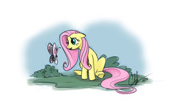 Size: 1024x662 | Tagged: safe, artist:crfahey, fluttershy, butterfly, pony, g4, female, floppy ears, looking at something, open mouth, sitting, solo, wingless