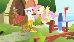 Size: 1191x671 | Tagged: safe, artist:elsie1234, fluttershy, gilda, griffon, pegasus, pony, g4, angry, apology, apology rejected, assertive, assertive fluttershy, duo, female, fluttershy's cottage, flying, gritted teeth, mare