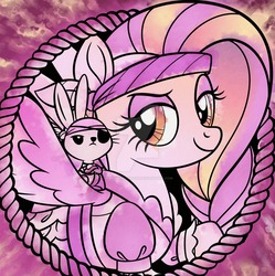 Size: 1024x1029 | Tagged: safe, artist:kirbyjustforfun, angel bunny, fluttershy, g4, my little pony: the movie, clothes, eyepatch, female, headband, pirate costume, pirate fluttershy, puffy sleeves, shirt, solo, watermark
