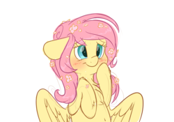 Size: 5000x3500 | Tagged: safe, artist:fluffyxai, fluttershy, pegasus, pony, g4, absurd resolution, alternate hairstyle, bashful, belly button, blushing, bust, chest fluff, cute, daaaaaaaaaaaw, female, floppy ears, flower, flower in hair, fluffy, shyabetes, simple background, smiling, solo, weapons-grade cute, white background, wings
