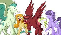 Size: 1024x593 | Tagged: safe, artist:kianamai, oc, oc only, oc:amber lily, oc:anthea, oc:hot head, oc:lucky star, oc:turquoise blitz, dracony, earth pony, hybrid, pony, unicorn, kilalaverse, adopted offspring, angry, bandage, braid, colored, interspecies offspring, next generation, offspring, parent:fluttershy, parent:oc:azalea, parent:oc:berry vine, parent:oc:candle wick, parent:oc:day dream, parent:oc:flashpoint, parent:oc:fortune hunter, parent:oc:herb, parent:oc:isis quartz, parent:rarity, parent:spike, parents:oc x oc, parents:sparity, simple background, surprised, white background