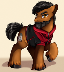 Size: 3405x3856 | Tagged: safe, artist:pridark, oc, oc only, pony, beard, black mane, brown coat, clothes, commission, facial hair, high res, looking at you, male, solo, stallion, unshorn fetlocks, yellow eyes