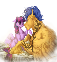 Size: 1300x1400 | Tagged: safe, artist:makkah, flash sentry, twilight sparkle, alicorn, pegasus, pony, g4, eye contact, female, flash hunktry, looking at each other, male, mare, ship:flashlight, shipping, size difference, stallion, straight, tattoo, twilight sparkle (alicorn)