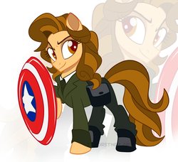 Size: 2190x1994 | Tagged: safe, artist:trish forstner, earth pony, pony, agent carter, captain america, clothes, crossover, female, looking at you, mare, marvel, peggy carter, ponified, shield, zoom layer