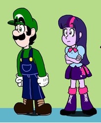 Size: 746x911 | Tagged: safe, artist:cailauniverse, twilight sparkle, equestria girls, g4, clothes, cropped, crossover, leg warmers, luigi, male, pleated skirt, shoes, skirt, super mario bros., twilight sparkle (alicorn)