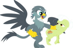 Size: 3573x2375 | Tagged: safe, artist:porygon2z, edit, gabby, granny smith, earth pony, griffon, pony, g4, the fault in our cutie marks, accessory-less edit, bipedal, duo, female, helping, high res, mare, missing accessory, simple background, transparent background, vector