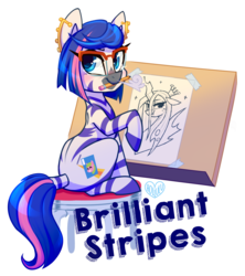 Size: 1615x1816 | Tagged: safe, artist:meekcheep, queen chrysalis, oc, oc:brilliant stripes, changeling, zebra, g4, canvas, female, glasses, looking at you, pencil, simple background, stool, text, white background, zebra oc