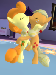 Size: 1080x1440 | Tagged: dead source, safe, artist:viranimation, applejack, carrot top, golden harvest, earth pony, pony, g4, 3d, bipedal, carrotjack, duo, eyes closed, female, kiss on the lips, kissing, lesbian, mare, missing accessory, shipping