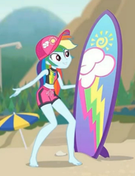 Size: 1783x2337 | Tagged: safe, screencap, rainbow dash, blue crushed, equestria girls, g4, my little pony equestria girls: better together, barefoot, beach, cap, cropped, feet, female, geode of super speed, hat, legs, magical geodes, midriff, rainbow dash's beach shorts swimsuit, surfboard, swimming trunks