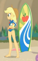 Size: 1446x2317 | Tagged: safe, screencap, applejack, blue crushed, equestria girls, equestria girls series, g4, applejack's beach shorts swimsuit, barefoot, beach, clothes, cropped, feet, female, geode of super strength, legs, midriff, solo, surfboard, swimsuit