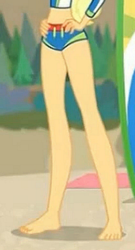 Size: 1179x2190 | Tagged: safe, screencap, applejack, blue crushed, equestria girls, equestria girls series, g4, barefoot, beach, clothes, cropped, feet, female, hand on hip, legs, midriff, pictures of legs, solo, swimsuit