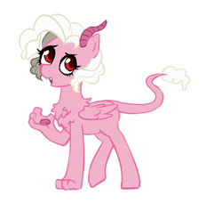 Size: 857x783 | Tagged: safe, artist:pikokko, oc, oc only, draconequus, chest fluff, draconequus oc, fangs, female, interspecies offspring, offspring, parent:discord, parent:pinkie pie, parents:discopie, paws, simple background, solo, underpaw, white background