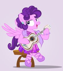 Size: 883x1000 | Tagged: safe, artist:pixelkitties, oc, oc only, pegasus, pony, amy keating rogers, clothes, coco (disney movie), female, gray background, looking at you, mare, musical instrument, parody, ponified, ponysona, simple background, solo, stool, ukulele