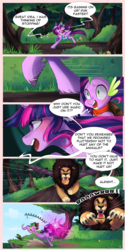 Size: 1600x3200 | Tagged: safe, artist:wilvarin-liadon, spike, twilight sparkle, alicorn, dragon, manticore, pony, comic:the curse of the elements, g4, backpack, claws, clothes, comic, cutie mark, everfree forest, fangs, galloping, glowing horn, horn, magic, running, saddle bag, scarf, speech bubble, tree, twilight sparkle (alicorn), wings