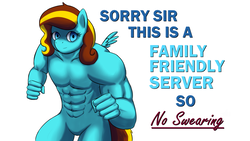Size: 1920x1080 | Tagged: safe, artist:silviawinter, oc, oc only, oc:ilovekimpossiblealot, pegasus, anthro, abs, christian server, empty eyes, featureless crotch, looking at you, male, meme, muscles, no swearing, parody, simple background, smiling, solo, swol, team fortress 2, text, wat, white background