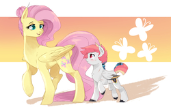 Size: 3500x2200 | Tagged: safe, artist:kraytt-05, fluttershy, oc, oc:serious shield, pegasus, pony, g4, alternate hairstyle, colored wings, colt, eye contact, female, fluttermom, hair bun, high res, looking at each other, male, mare, mother and son, multicolored wings, offspring, parent:bulk biceps, parent:fluttershy, parents:flutterbulk, raised hoof, smiling