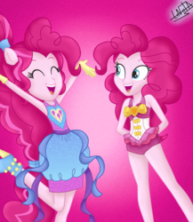 Size: 1300x1500 | Tagged: safe, artist:liniitadash23, pinkie pie, equestria girls, equestria girls specials, g4, my little pony equestria girls: better together, my little pony equestria girls: forgotten friendship, clothes, duality, eyes closed, hands behind back, open mouth, pinkie pie swimsuit, ponied up, raised leg, self paradox, show accurate, swimsuit