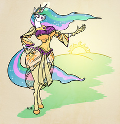 Size: 1200x1236 | Tagged: safe, artist:ursa, princess celestia, alicorn, pony, anthro, unguligrade anthro, g4, big breasts, breasts, busty princess celestia, clothes, crown, cutie mark, day, disproportional anatomy, ethereal mane, ethereal tail, eyelashes, female, flowing mane, flowing tail, huge breasts, jewelry, mare, morning, multicolored mane, multicolored tail, praise the sun, purple eyes, regalia, royalty, sexy, sparkles, stupid sexy celestia, sun, sunbutt, sunrise, tiara, wide hips, wingless, wingless anthro