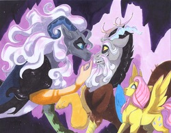 Size: 4387x3397 | Tagged: safe, artist:frozensoulpony, discord, fluttershy, oc, oc:wicca, draconequus, pegasus, pony, g4, cave, cutie mark, high res, horns, looking at each other, spread wings, stalactite, surprised, traditional art, wings