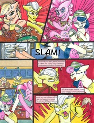 Size: 1950x2550 | Tagged: safe, artist:tillie-tmb, applejack, bon bon, granny smith, pinkie pie, sweetie drops, earth pony, pony, comic:the amulet of shades, g4, apple, batter, comic, food, oven, pie, traditional art