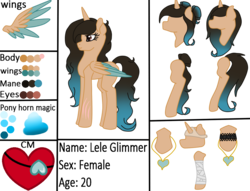 Size: 994x760 | Tagged: safe, artist:cindystarlight, oc, oc only, oc:lele glimmer, alicorn, pony, alicorn oc, colored wings, female, mare, multicolored wings, reference sheet, simple background, solo, transparent background, two toned wings