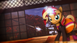 Size: 1920x1080 | Tagged: safe, artist:star-lightstarbright, sunset shimmer, pony, g4, 3d, clothes, equestria girls outfit, female, katana, magic, solo, sword, weapon