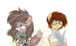 Size: 1024x630 | Tagged: safe, artist:mintoria, oc, oc only, oc:bri, oc:mint, pegasus, pony, base used, clothes, female, glasses, mare, newspaper, simple background, sweater, transparent background