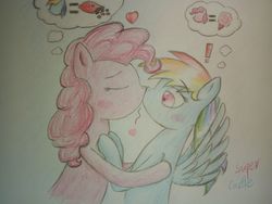 Size: 4608x3456 | Tagged: safe, artist:supercastle, pinkie pie, rainbow dash, earth pony, pegasus, pony, g4, blushing, candy, cotton candy, exclamation point, eyes closed, female, food, heart, kissing, lesbian, mare, ship:pinkiedash, shipping, skittles, thought bubble, traditional art