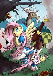 Size: 3307x4677 | Tagged: safe, artist:richard-skip, angel bunny, discord, fluttershy, draconequus, pegasus, pony, g4, alice in wonderland, clock, clothes, crossover, dress, female, mare, open mouth, playing card, puffy sleeves, socks, spread wings, story included, striped socks, suit, tree, trio, wings