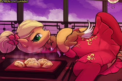 Size: 1125x750 | Tagged: safe, artist:lumineko, applejack, winona, pony, g4, alternate hairstyle, cheongsam, chinese, chinese new year, clothes, cute, dumplings, female, food, hug, looking at you, mare, skirt, smiling, upskirt denied, year of the dog