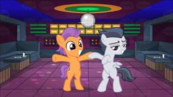 Size: 1451x815 | Tagged: safe, artist:frownfactory, artist:jawsandgumballfan24, artist:sollace, edit, rumble, tender taps, earth pony, pegasus, pony, g4, bipedal, colt, dancing, disco ball, gay, male, rumbletaps, shipping, show accurate, smiling