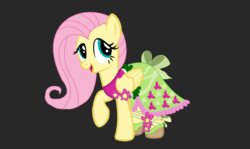 Size: 1024x611 | Tagged: safe, artist:scoutimusprime, fluttershy, pegasus, pony, equestria girls, g4, my little pony equestria girls: legend of everfree, black background, bow, clothes, dress, equestria girls outfit, equestria girls ponified, female, folded wings, looking sideways, open mouth, ponified, raised hoof, shoes, simple background, smiling, solo, tail bow