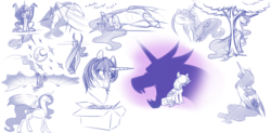 Size: 2301x1131 | Tagged: safe, artist:mythpony, nightmare moon, princess luna, bat pony, g4, bat wings, behaving like a bat, descriptive noise, magic, moon, sitting, sketch