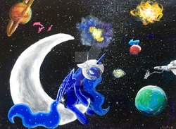 Size: 1024x751 | Tagged: safe, artist:colorsceempainting, princess luna, alicorn, dolphin, pony, g4, astronaut, black hole, bored, canvas, equestria, female, helmet, moon, paint, painting, planet, solo, space, spaceship, sun, tangible heavenly object, traditional art, watermark